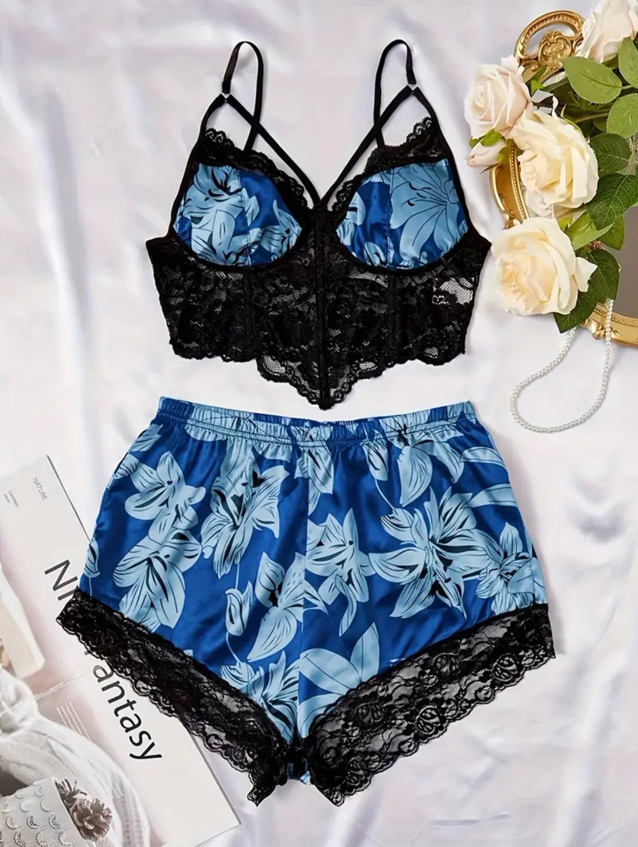 Floral Lace Pajama Set with V-Neck Cami Bra and Elastic Shorts