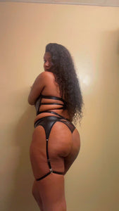 Leather Studded Plunge Bra & Thong & Garter Belt