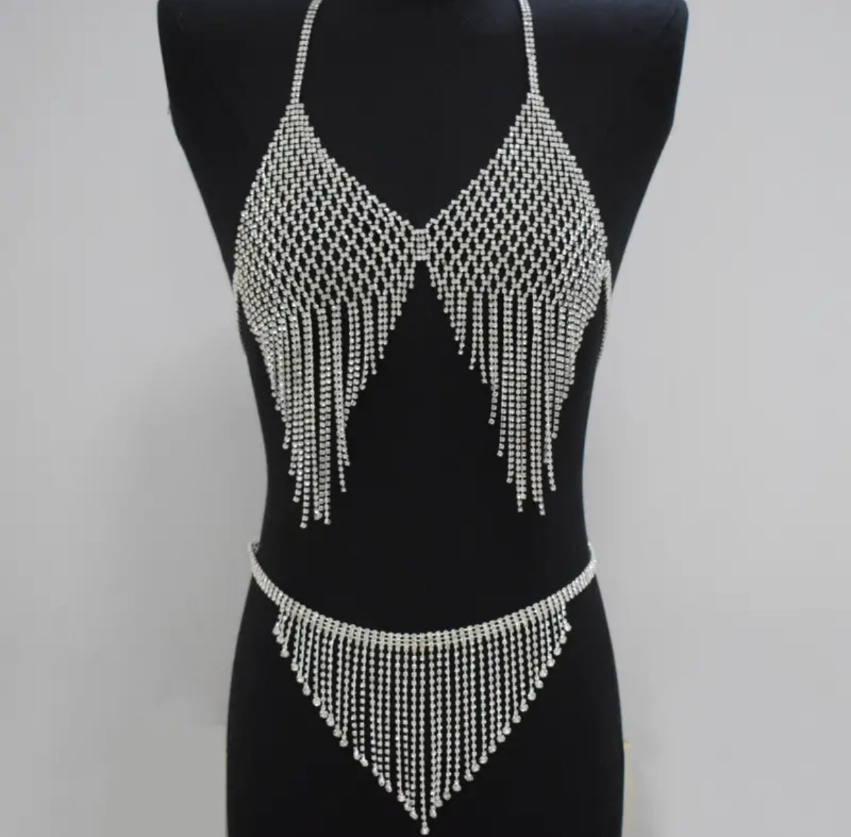 Rhinestone Tassel Halter Top And Bottoms