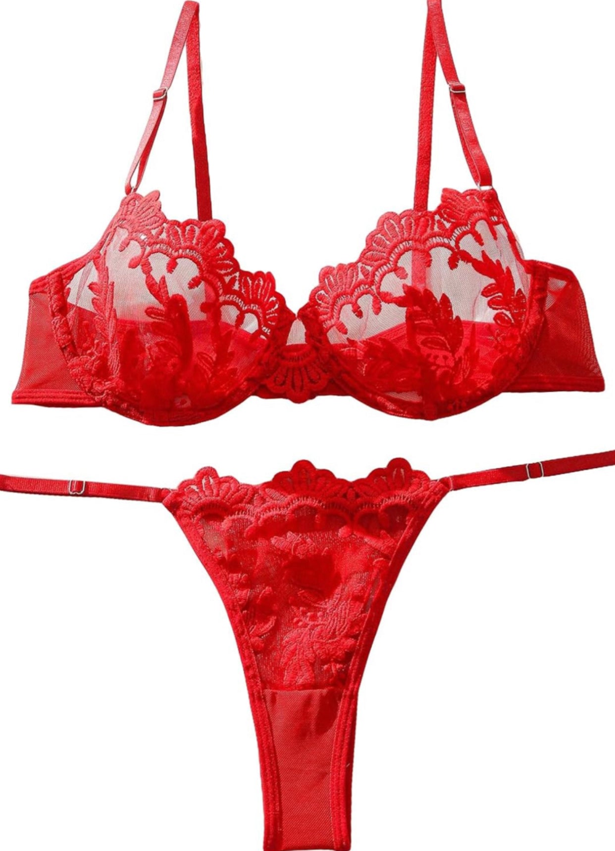 Embroidery Floral Mesh Sheer Underwire Lingerie Bra and Panty Set