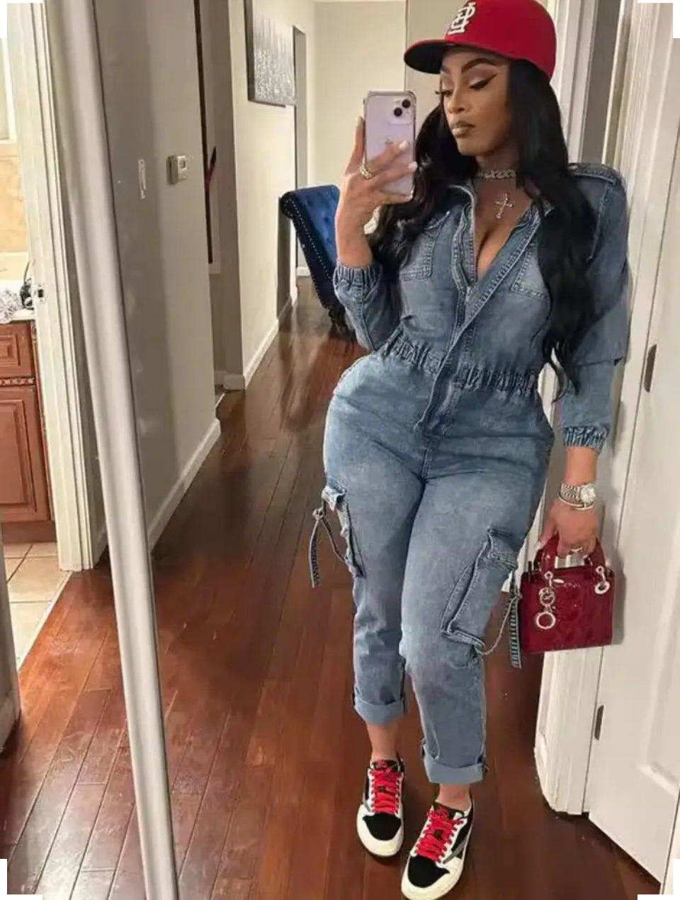 Women's High-Waisted Denim Jumpsuit