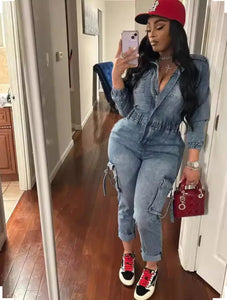 Women's High-Waisted Denim Jumpsuit